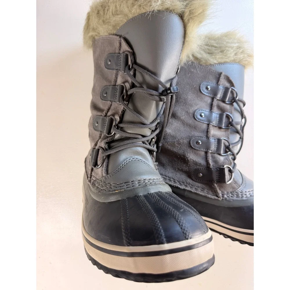 Sorel Joan of Arctic Snow Boots Women Gray Excellent Waterproof Faux Fur Suede